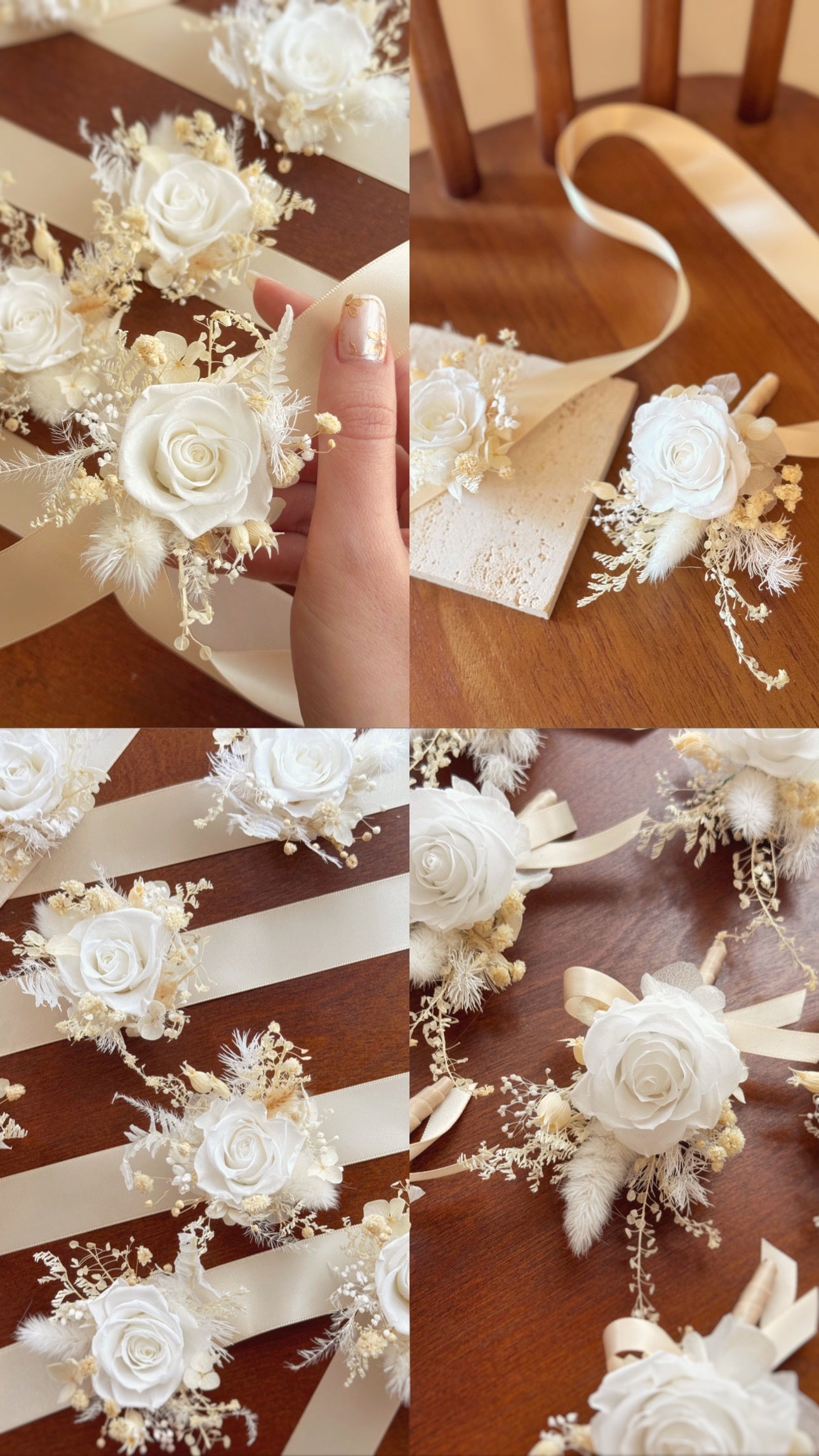 Photo compilation showing creme preserved rose wrist corsages and boutonnieres in bulk