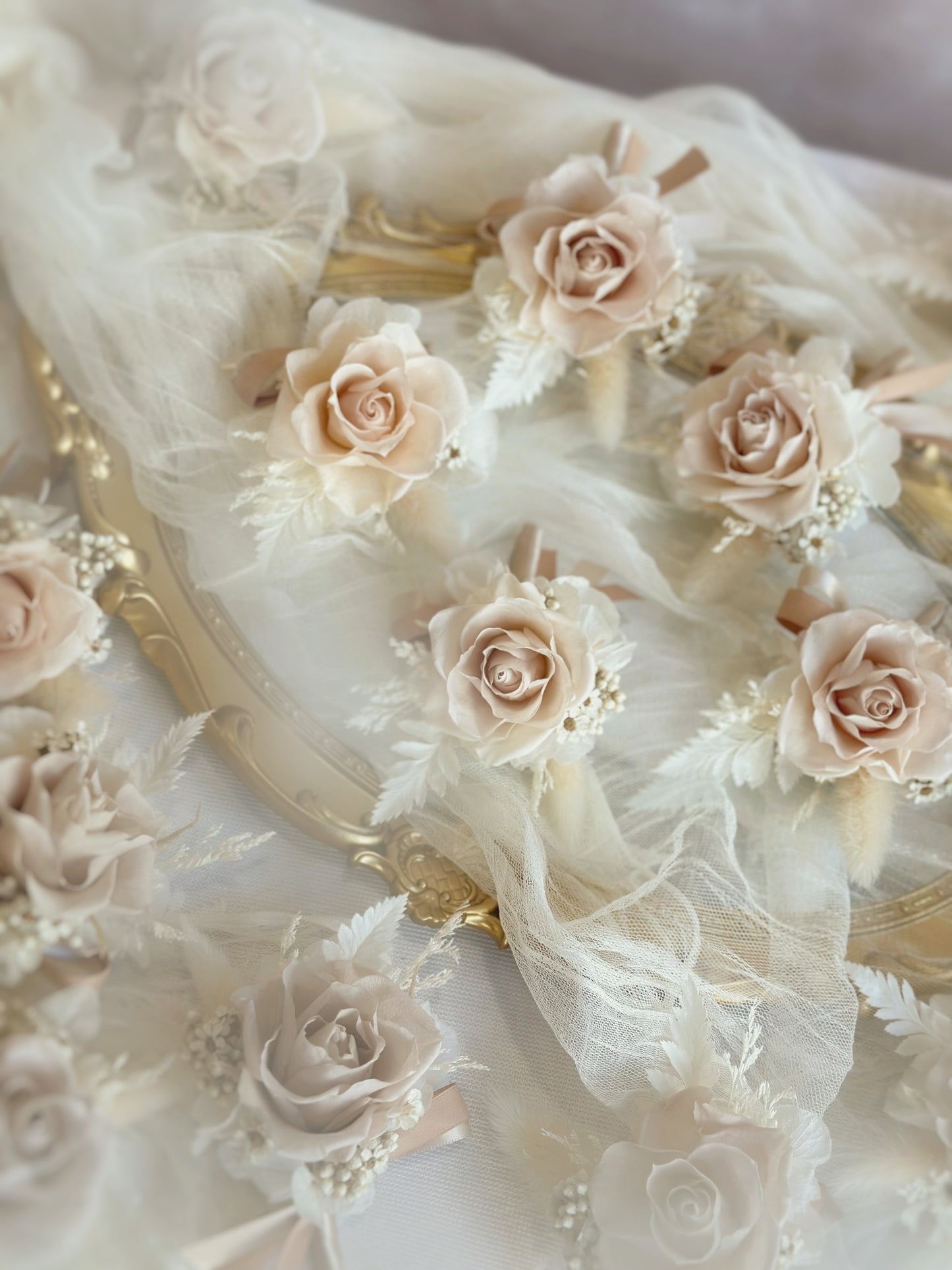 Bulk order preserved flowers corsage in khaki tone, front view