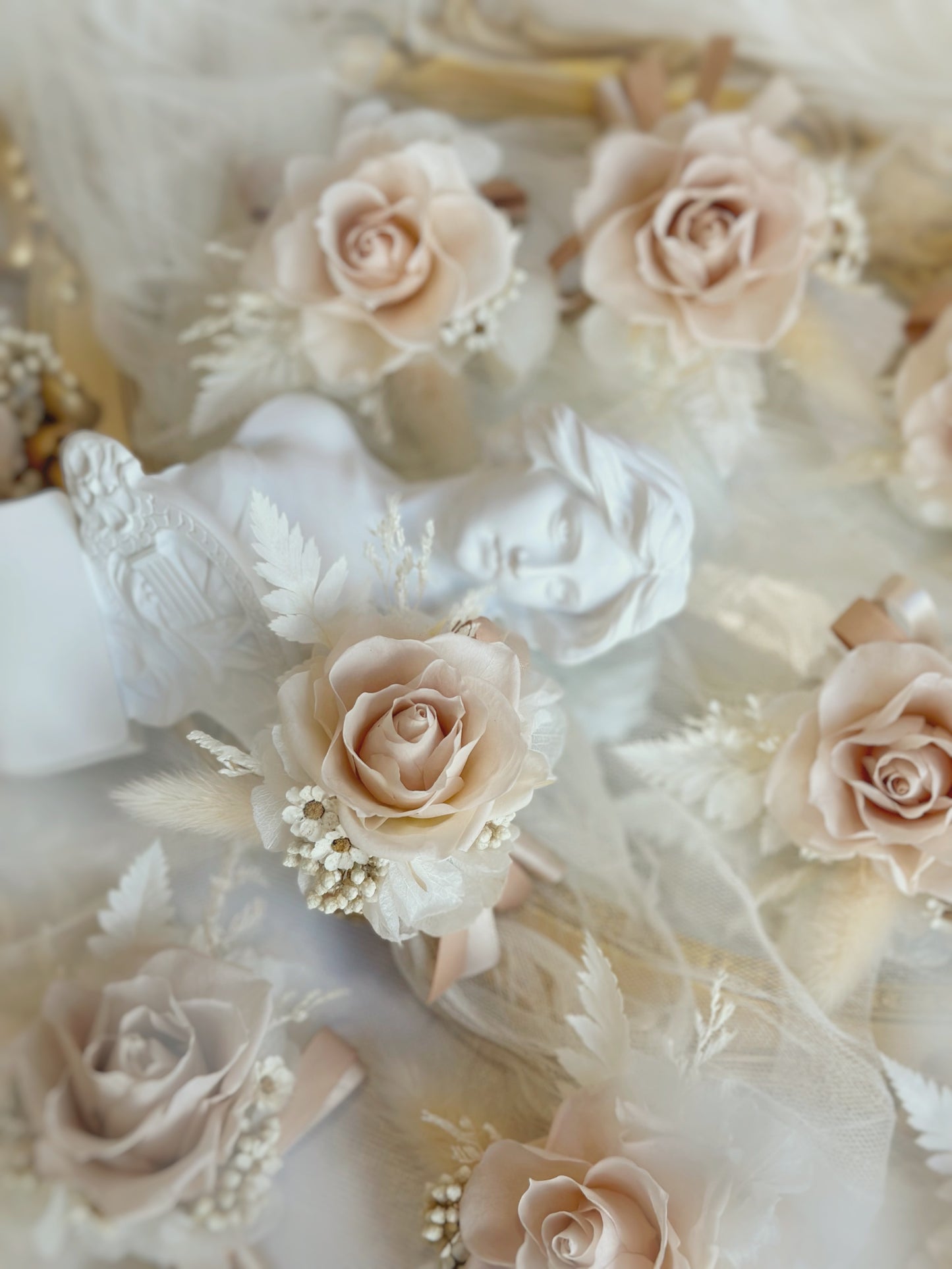 Bulk order creme preserved rose corsage, top view