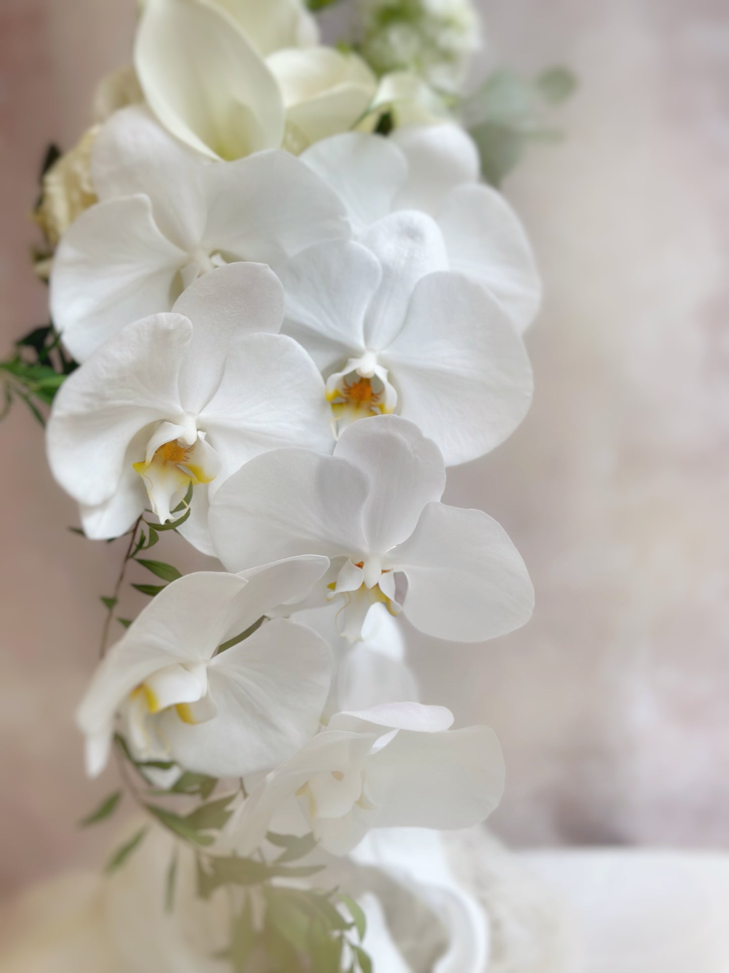 close up view of white phalanopsis orchid in the teardrop bridal bouquet 水滴型新娘捧花中的白色蝴蝶兰特写
