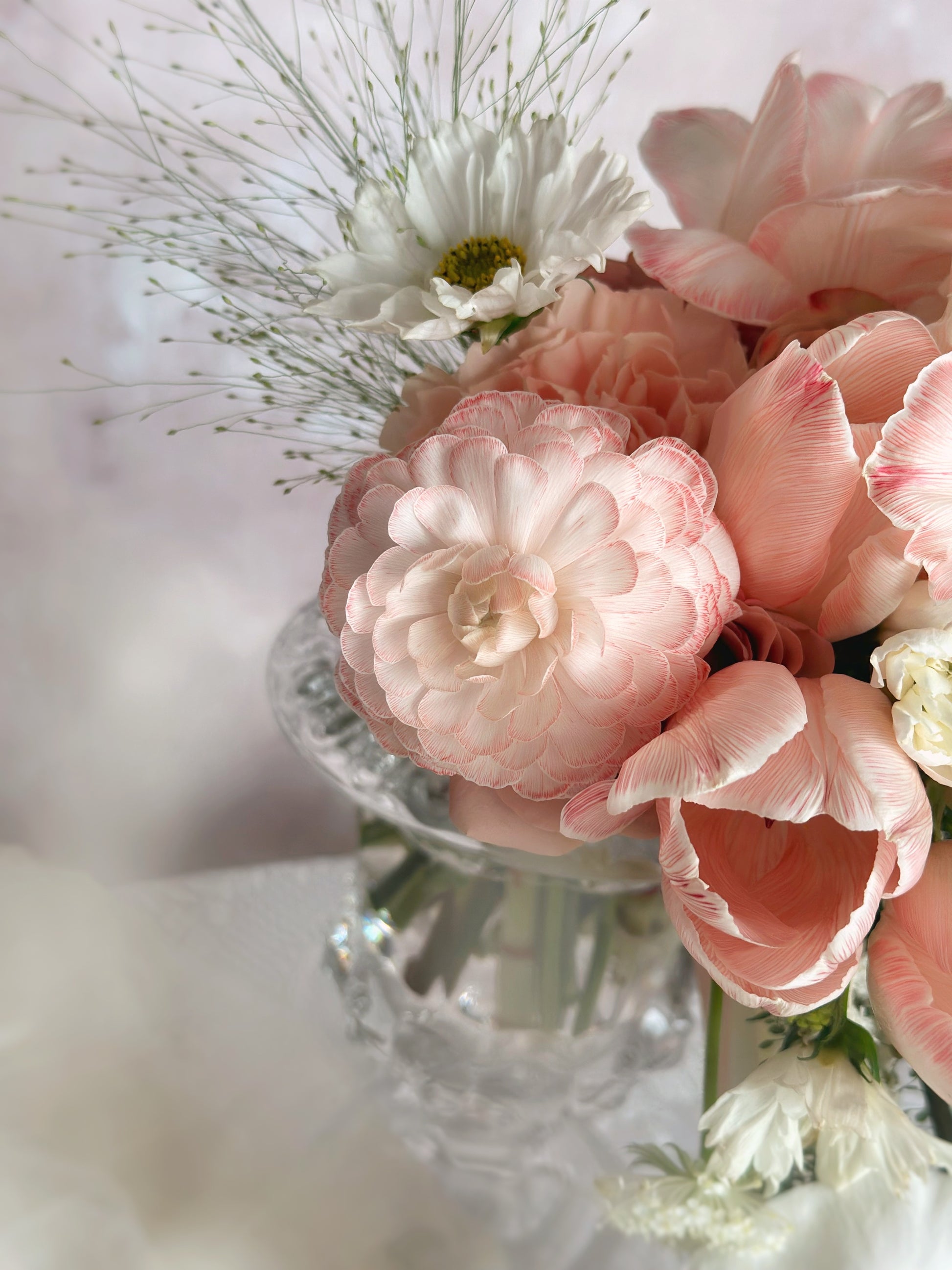 close up view of stem dyed peachy pink tone ranunculus and tulips 特写染色密桃粉色郁金香和洋牡丹