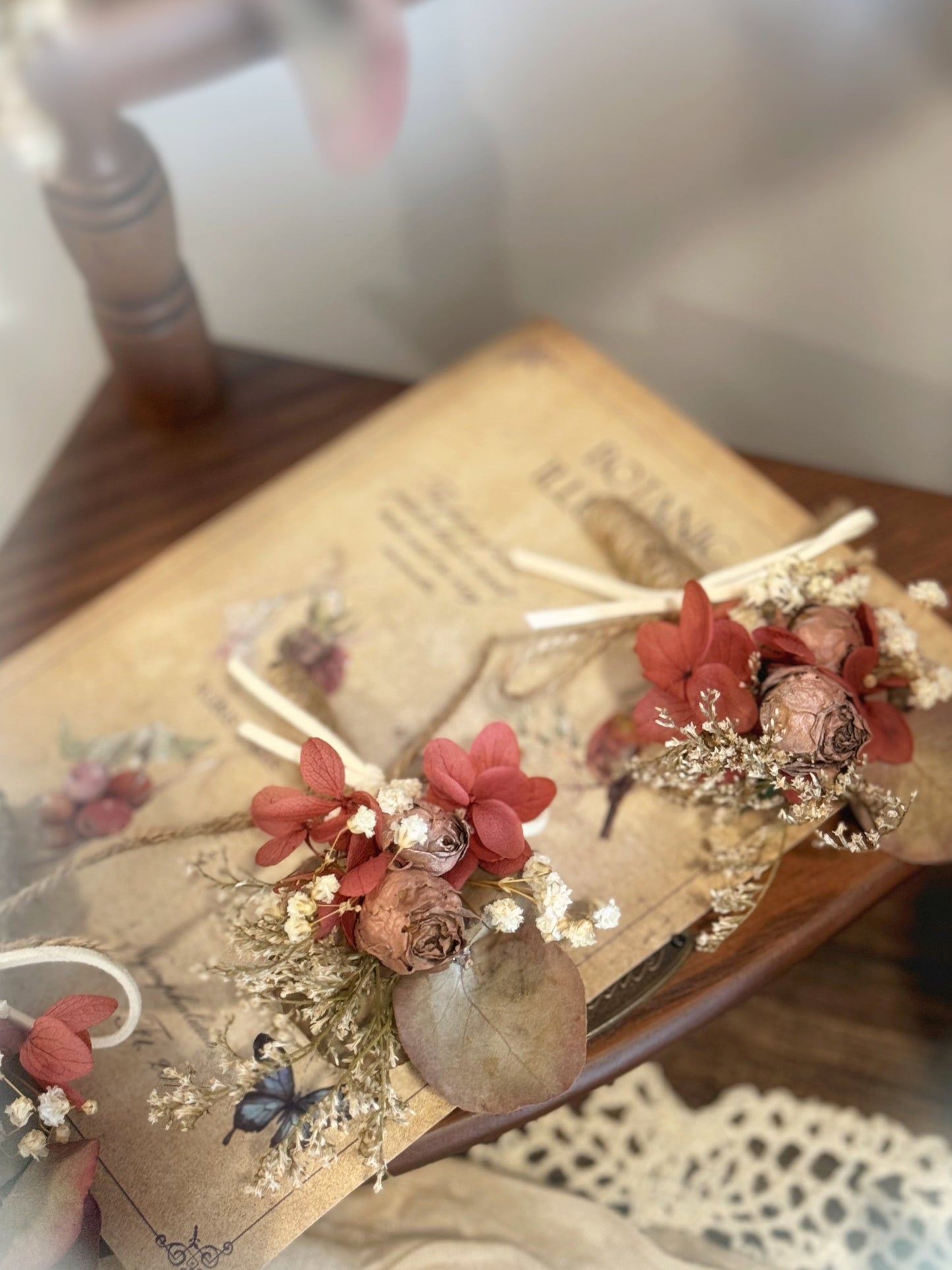 Rustique Rose tinted preserved and dried flowers boutonniere dried roses top view