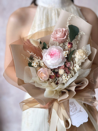 Belle ame preserved flowers bouquet in latte color holding by model front and close up view