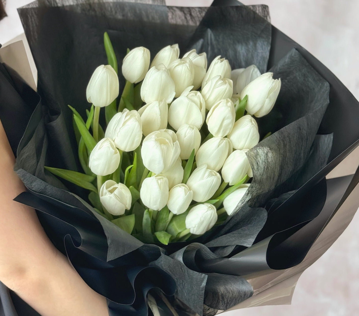 Bentley fresh flowers handtied bouquet 30 stalks of white tulips bouquet close up view