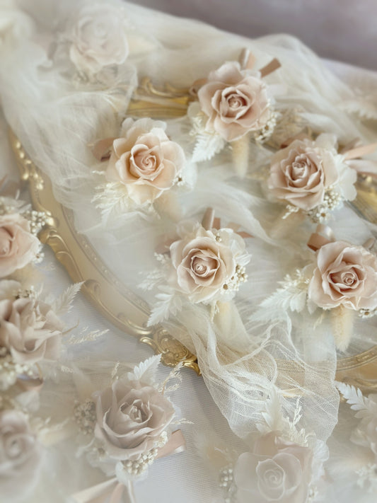 Bulk order preserved flowers corsage in khaki tone, front view
