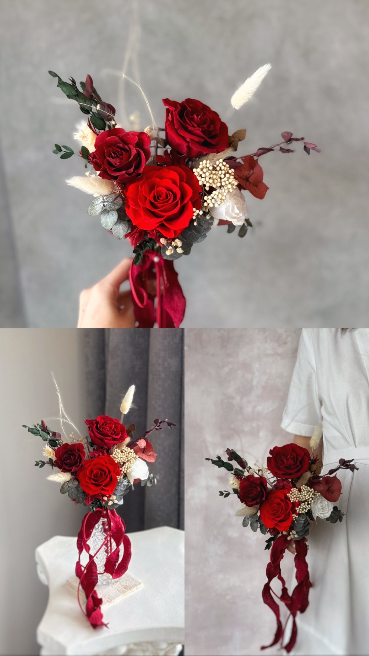 A detailed look at the intricate preserved floral elements, highlighting the bouquet’s refined and luxurious aesthetic.
细腻的永生花细节展现捧花的精致与奢华感。