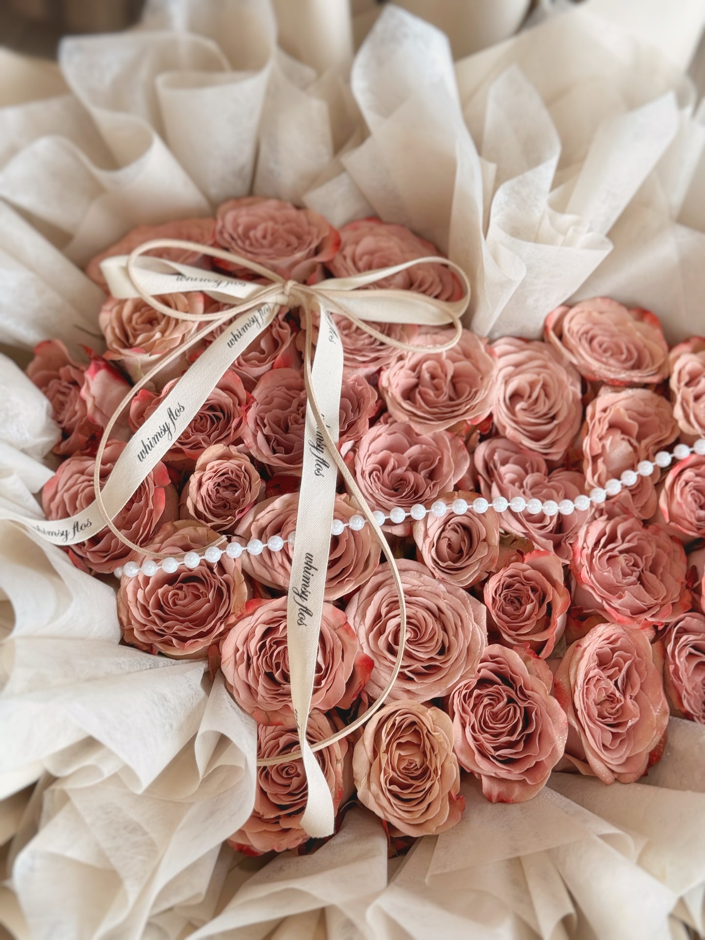 Heartfelt Cappuccino fresh flowers heart shaped bouquet 33 roses close up view