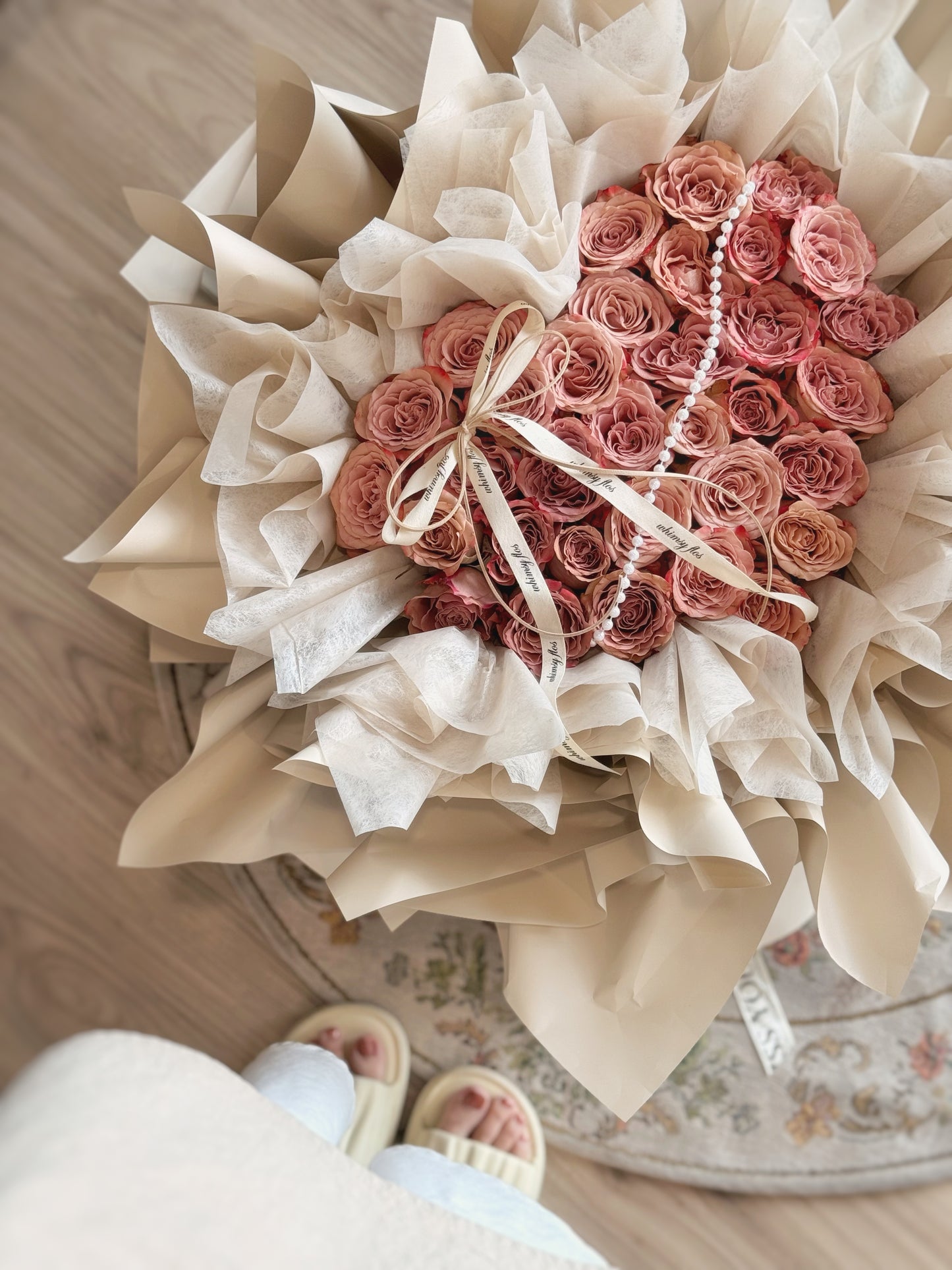 Heartfelt Cappuccino fresh flowers heart shaped bouquet 33 roses top view