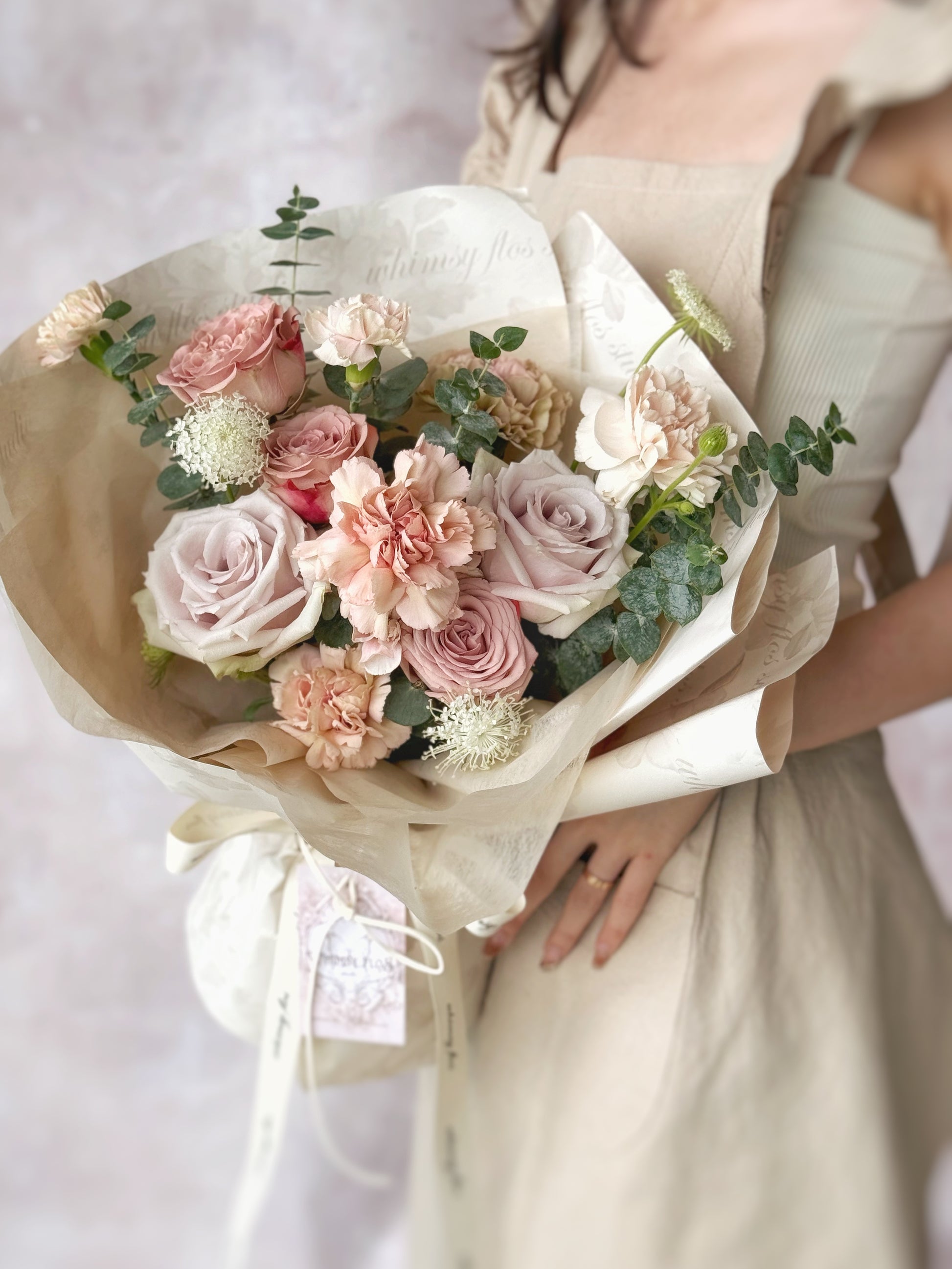 Hush of blush mix fresh flowers handtied bouquet closer view