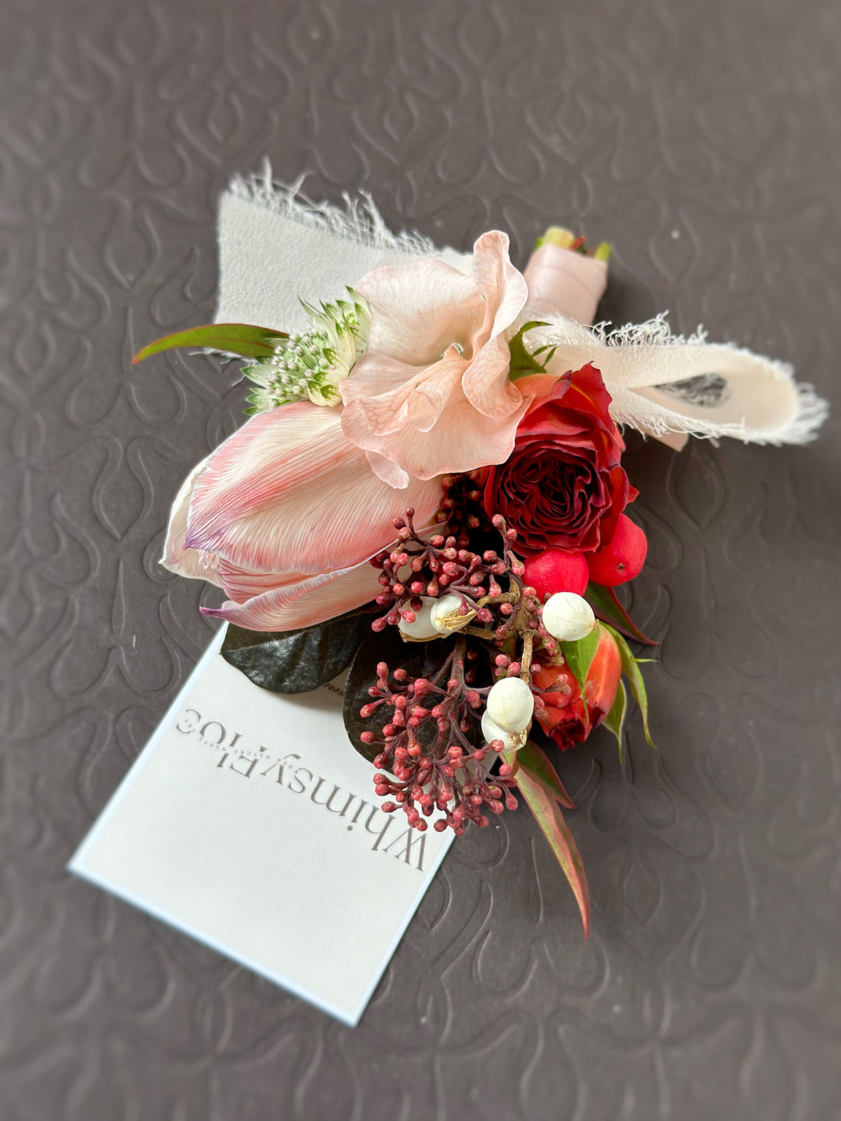 Whimsy Boutineer Mulled Wine Fresh Tulip Boutonniere & Wrist Corsage Set – Whimsy Flos ...