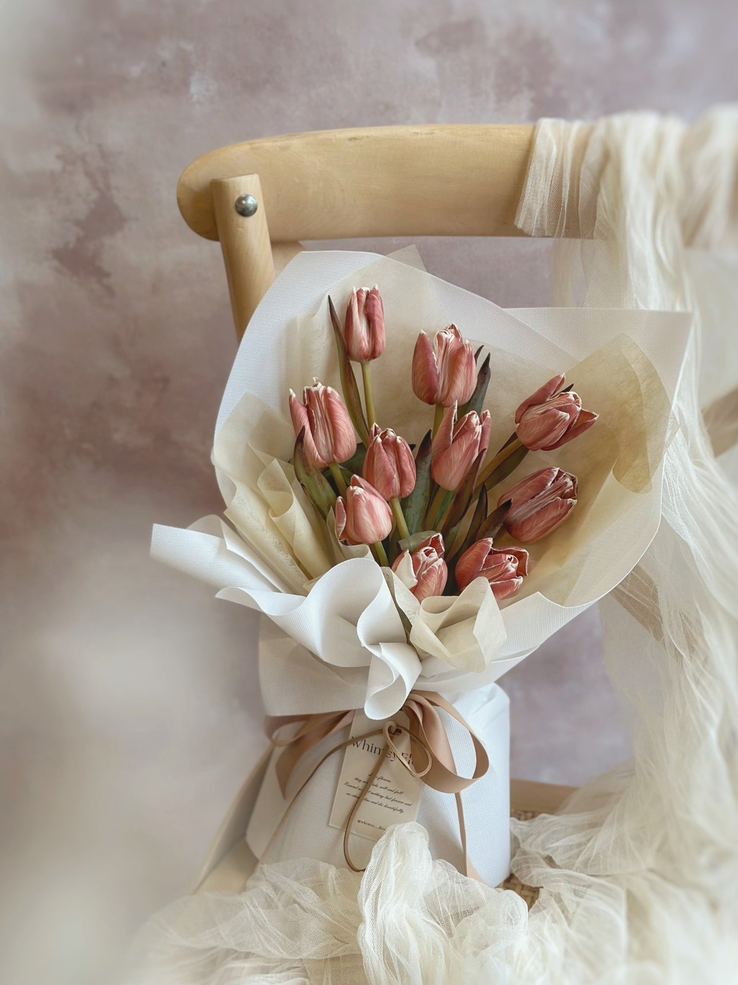 Rustic brownie coloured stem dyed tulips bouquet 