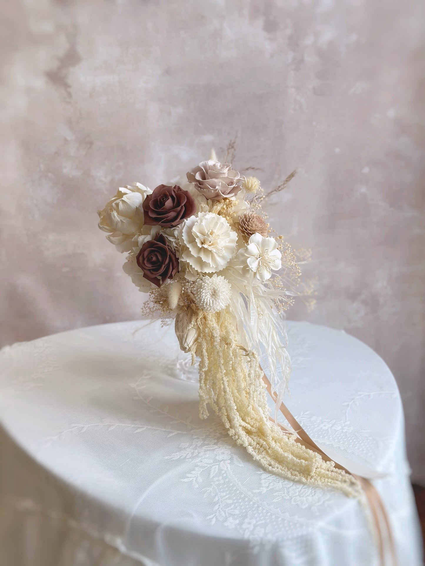 Preserved flowers bouquet with drooping amaranthus