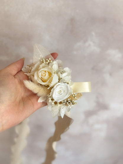 Double preserved roses wrist corsage design for bridesmaids