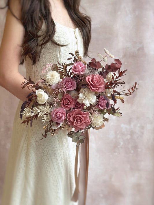 Pink mauve theme preserved roses bridal bouquet in majestic size, 