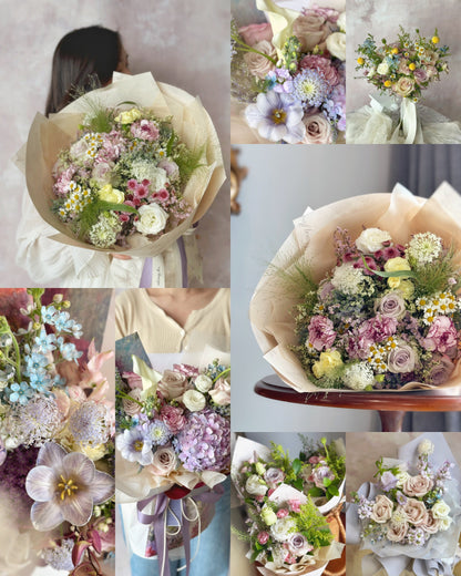 Jardin_Romance_Colorful_medley_Fresh_Flowers_Handtied_bouquet_lilac periwinkle collage