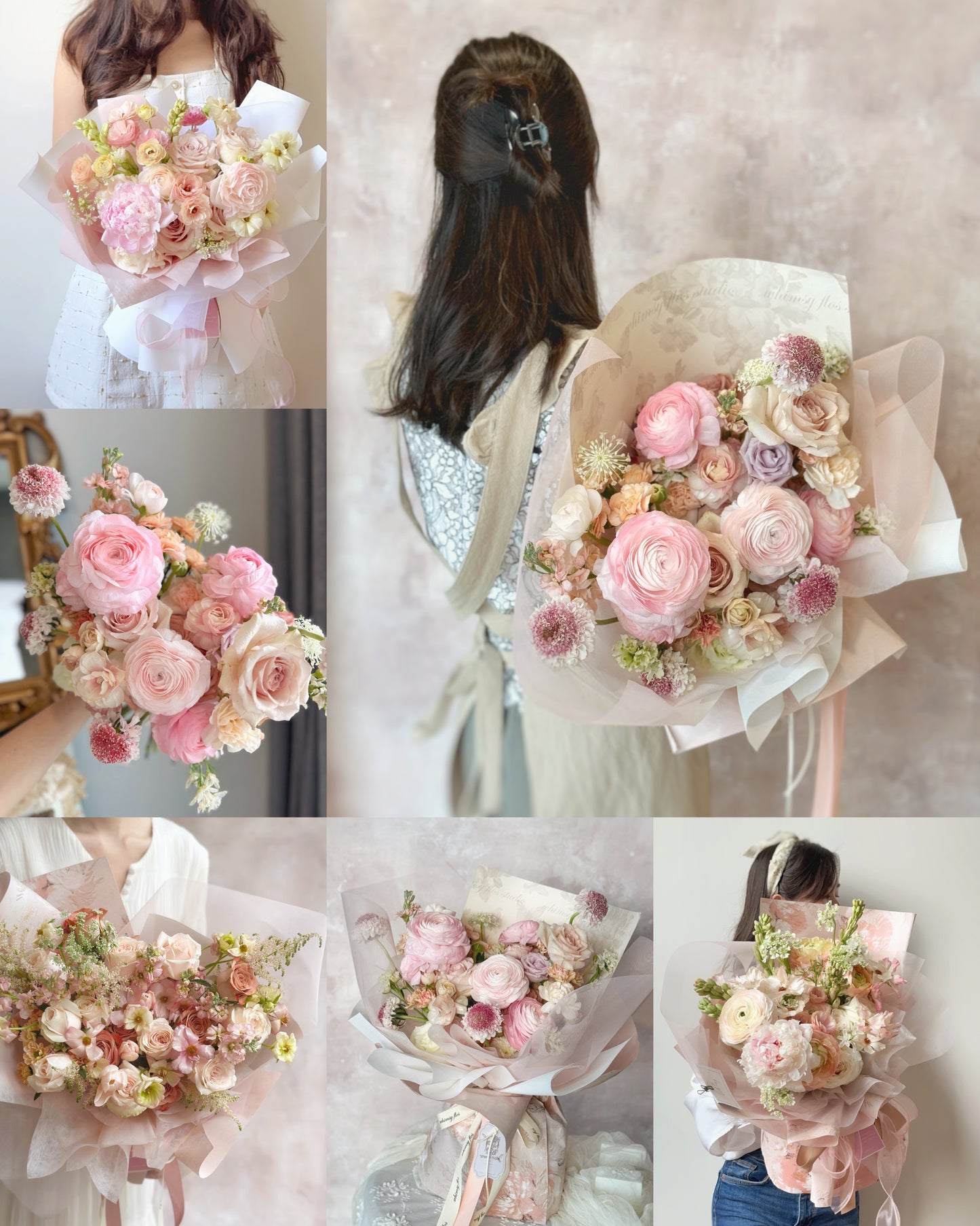 Jardin_Romance_monochromatic_Fresh_Flowers_Handtied_bouquet_blush_cream_collage