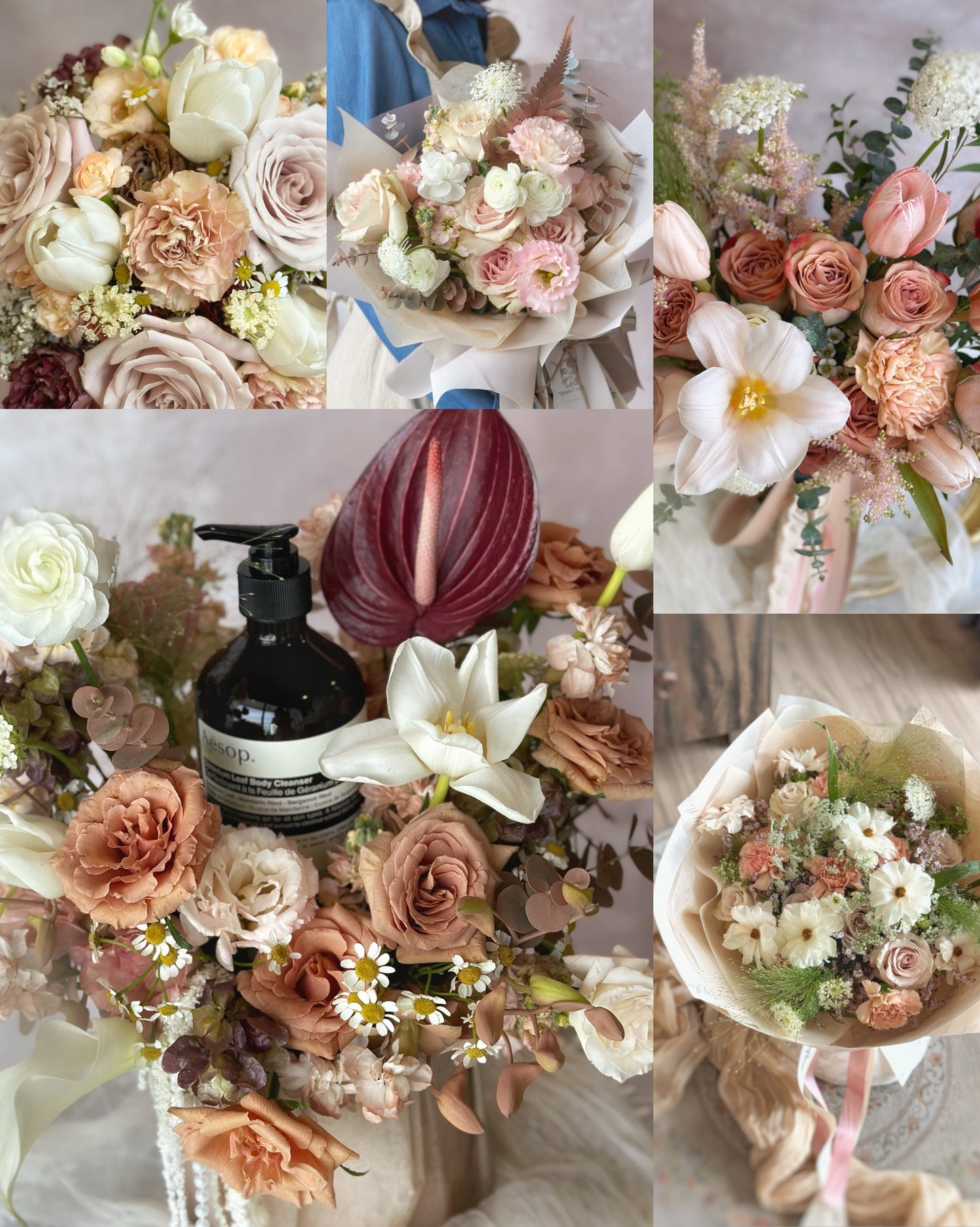 Jardin_Romance_monochromatic_Fresh_Flowers_Handtied_bouquet_earthy_collage