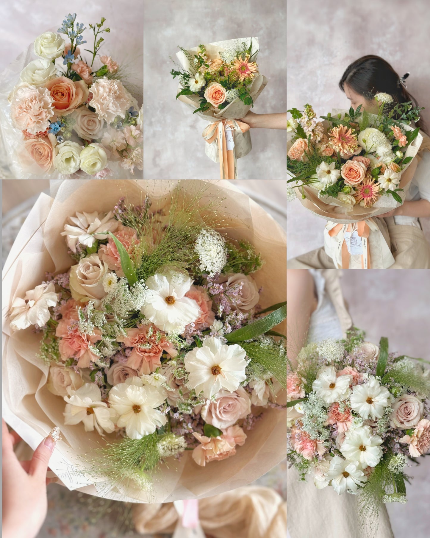 Jardin_Romance_monochromatic_Fresh_Flowers_Handtied_bouquet_pastel_peach_collage