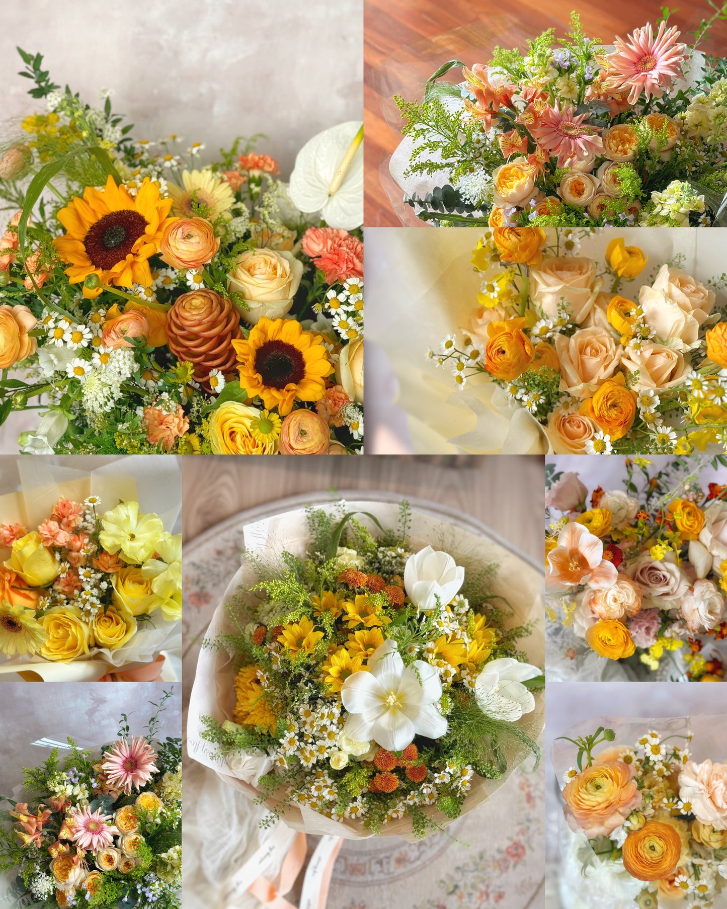 Jardin_Romance_monochromatic_Fresh_Flowers_Handtied_bouquet_tangerine_collage