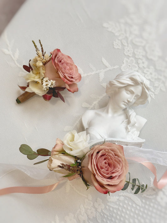 close up view of 'rose douce' fresh flowers boutonniere and wrist corsage
