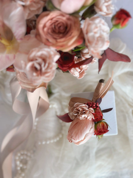 top view of rosy bronze fresh tulips bridal bouquet and corsage,  A graceful corsage that blends rustic charm with a hint of romance!