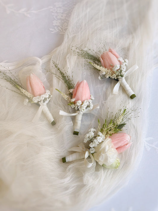 TOp view of Sage blush tulips corsage in bulk, dyed tulips in peachy pink