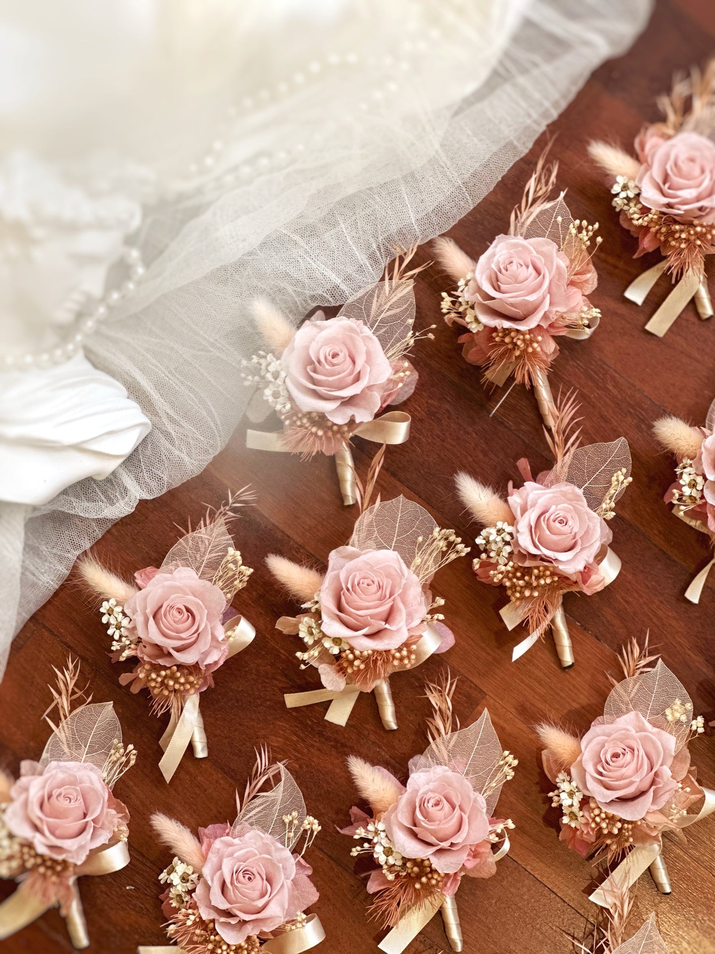 photo of tiana preserved flowers corsage in bulk front view, featuring delicate petals and ethereal textures. 