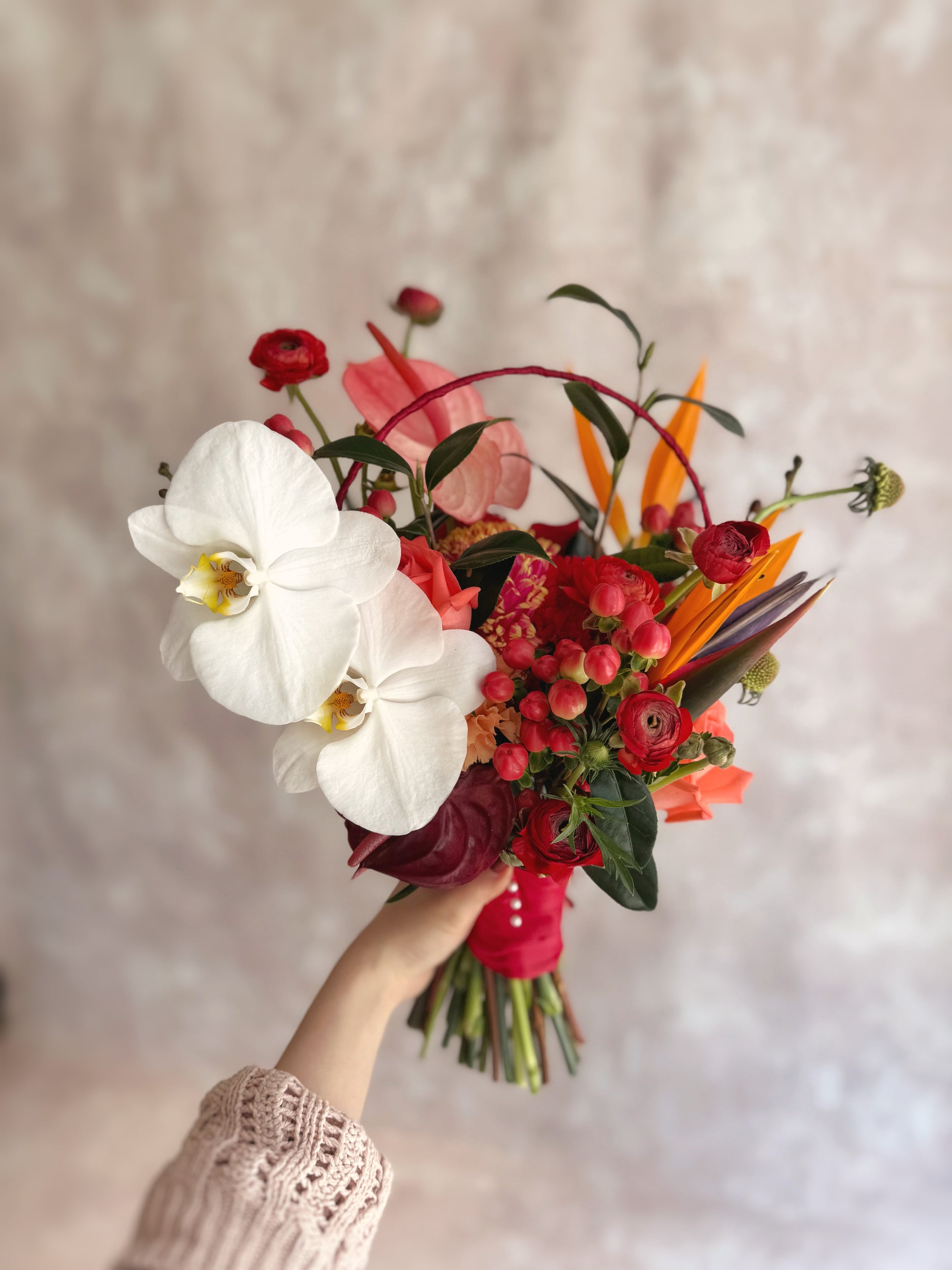 A hand holding a vibrant floral bouquet featuring white orchids, red roses, orange bird of paradise, and green foliage against a soft, textured neutral background.