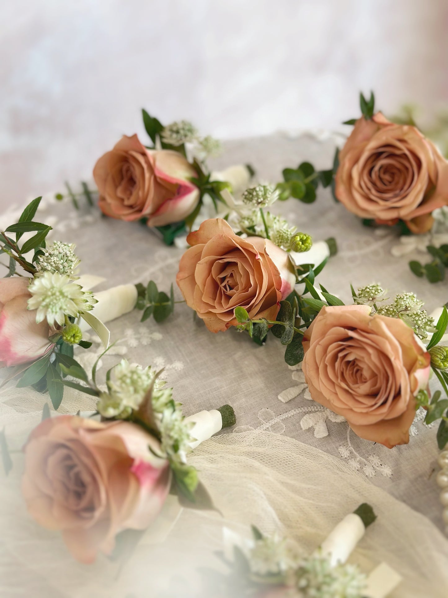 cappuccino rose boutonniere accented with assorted foliage, close up view